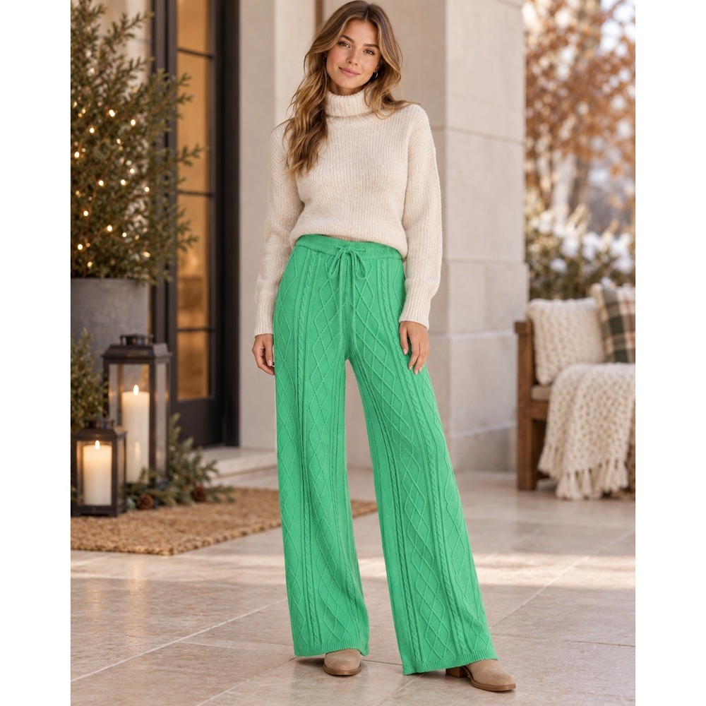 Cozy Scandi Girl Green Cable Knit Wide Leg Pants Cotton Tall XS/S Apres Ski